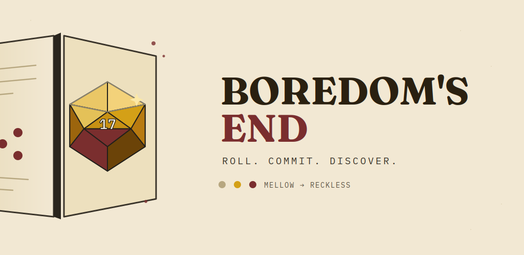 Boredom's End — an open paperback book cracking apart into a rolling die
